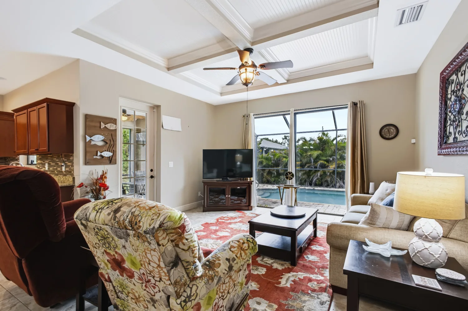 Comfortable living room with skylights and arranged furnishings